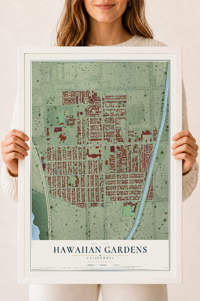 Map of Hawaiian Gardens, California, 18 x 24 inch print in a white wood frame