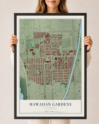 Map of Hawaiian Gardens, California, 24 x 36 inch print in a black wood frame