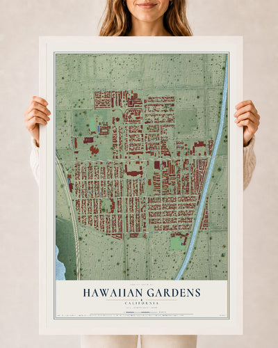Map of Hawaiian Gardens, California, 24 x 36 inch print in a white wood frame