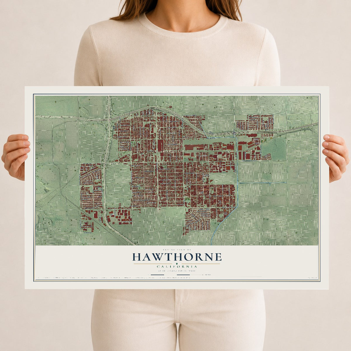 Map of Hawthorne, California, 12 x 18 inch unframed archival matte print