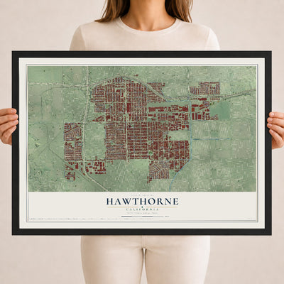 Map of Hawthorne, California, 18 x 24 inch print in a black wood frame