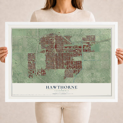 Map of Hawthorne, California, 18 x 24 inch print in a white wood frame