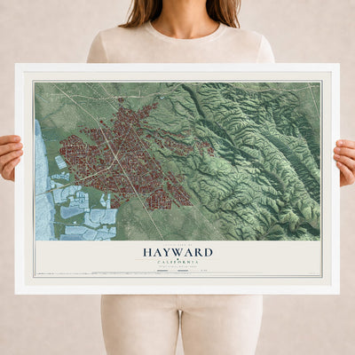 Map of Hayward, California, 18 x 24 inch print in a white wood frame