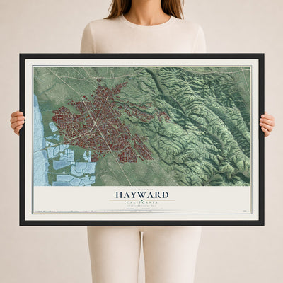 Map of Hayward, California, 24 x 36 inch print in a black wood frame