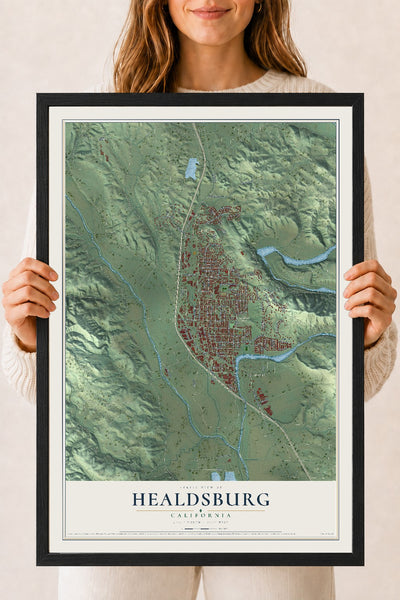Map of Healdsburg, California, 18 x 24 inch print in a black wood frame