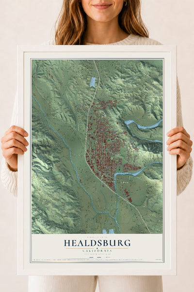 Map of Healdsburg, California, 18 x 24 inch print in a white wood frame