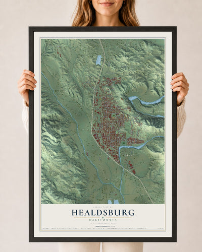 Map of Healdsburg, California, 24 x 36 inch print in a black wood frame