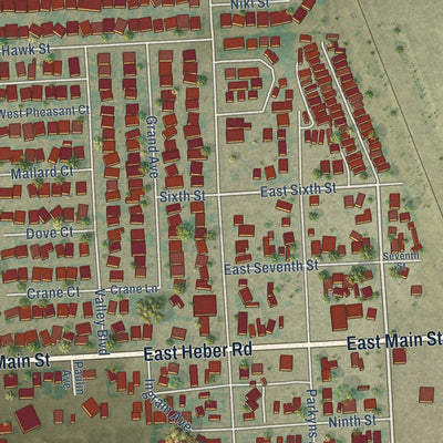 Close-up of the map of Heber, California print showing street and building detail