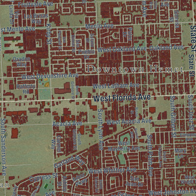 Close-up of the map of Hemet, California print showing street and building detail
