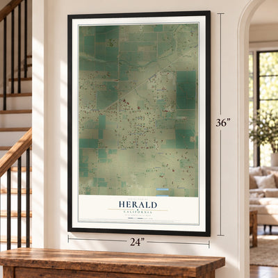 Herald, California map, 24 x 36 inch print in a black frame by a staircase