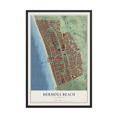 Map of Hermosa Beach, California, 12 x 18 inch print in a black wood frame