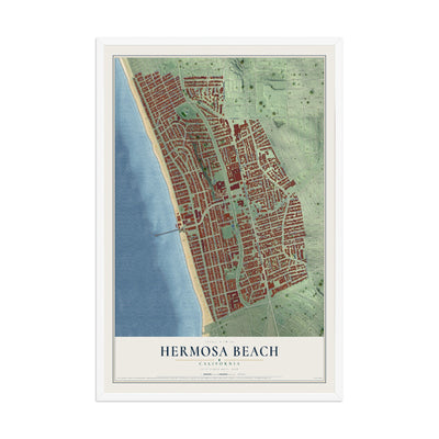 Map of Hermosa Beach, California, 12 x 18 inch print in a white wood frame