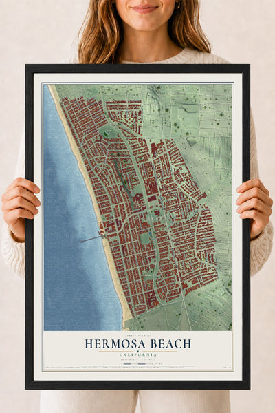 Map of Hermosa Beach, California, 18 x 24 inch print in a black wood frame