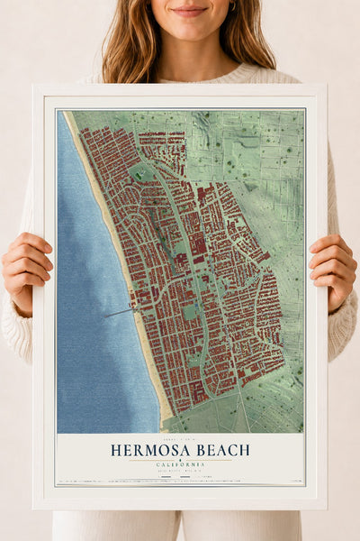 Map of Hermosa Beach, California, 18 x 24 inch print in a white wood frame