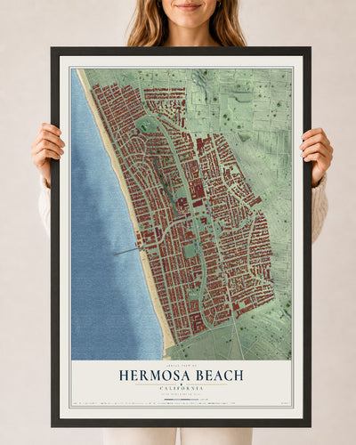 Map of Hermosa Beach, California, 24 x 36 inch print in a black wood frame