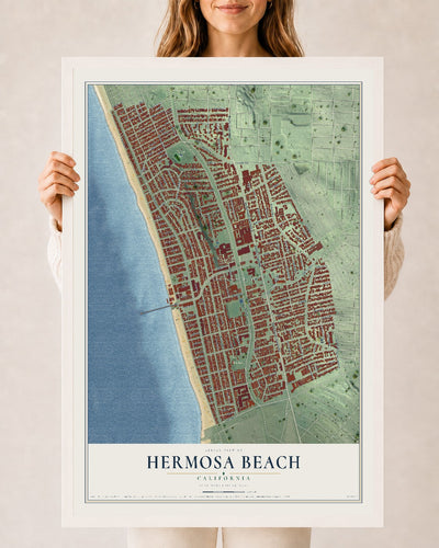 Map of Hermosa Beach, California, 24 x 36 inch print in a white wood frame