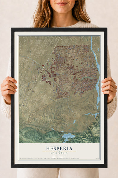 Map of Hesperia, California, 18 x 24 inch print in a black wood frame