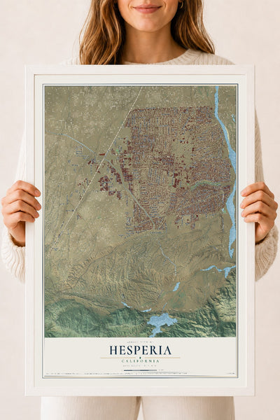 Map of Hesperia, California, 18 x 24 inch print in a white wood frame