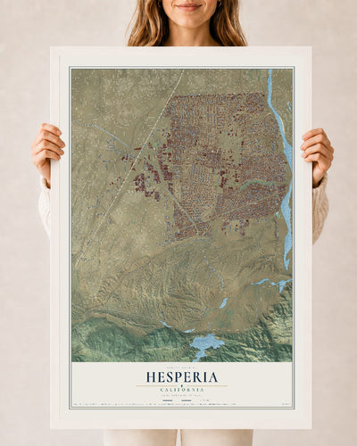 Map of Hesperia, California, 24 x 36 inch print in a white wood frame