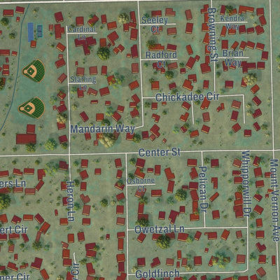 Close-up of the map of Highgrove, California print showing street and building detail