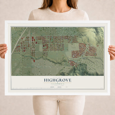 Map of Highgrove, California, 18 x 24 inch print in a white wood frame