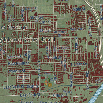 Close-up of the map of Highland, California print showing street and building detail