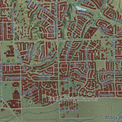 Second close-up of the map of Highland, California print showing more streets and buildings