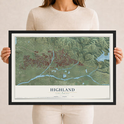Map of Highland, California, 12 x 18 inch print in a black wood frame