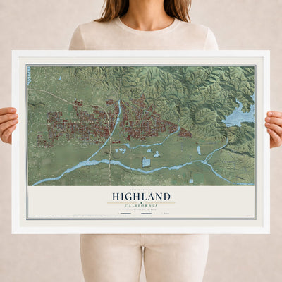 Map of Highland, California, 18 x 24 inch print in a white wood frame