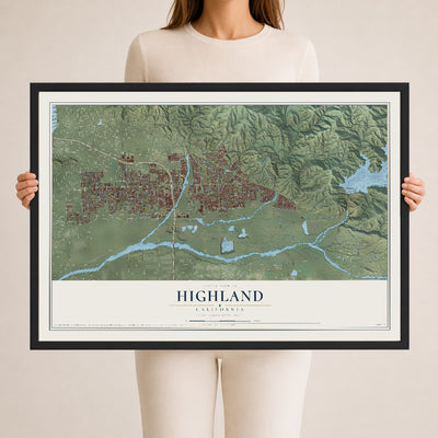 Map of Highland, California, 24 x 36 inch print in a black wood frame
