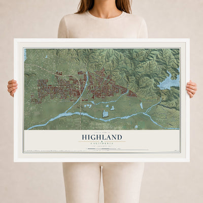 Map of Highland, California, 24 x 36 inch print in a white wood frame