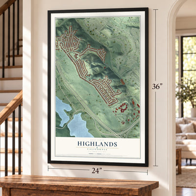 Highlands, California map, 24 x 36 inch print in a black frame by a staircase