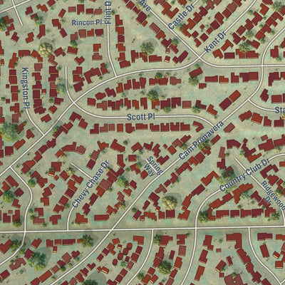 Close-up of the map of Hillcrest, California print showing street and building detail