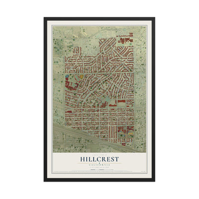 Map of Hillcrest, California, 12 x 18 inch print in a black wood frame