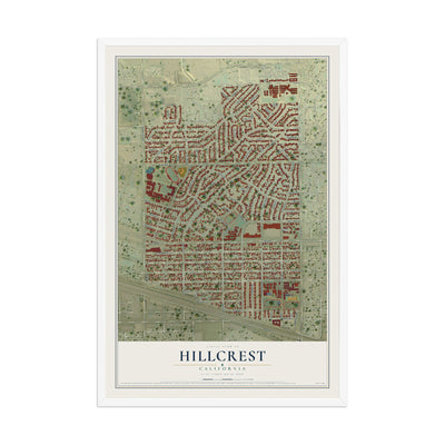 Map of Hillcrest, California, 12 x 18 inch print in a white wood frame