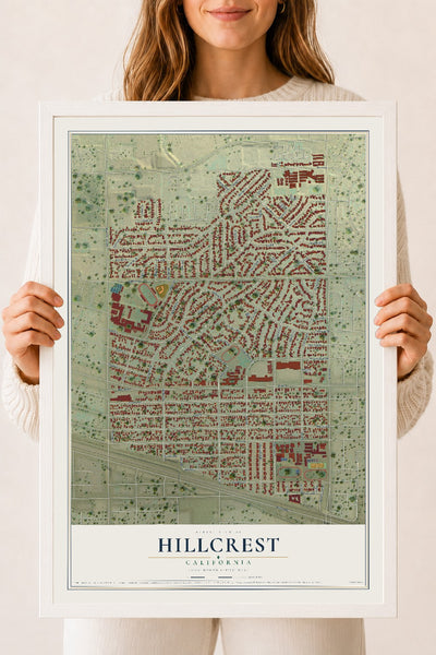 Map of Hillcrest, California, 18 x 24 inch print in a white wood frame
