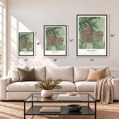 Hillcrest, San Diego, California map in 12 x 18, 18 x 24 and 24 x 36 inch sizes above a sofa