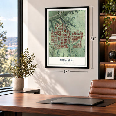 Hillcrest, San Diego, California map, 18 x 24 inch print in a black frame in a home office