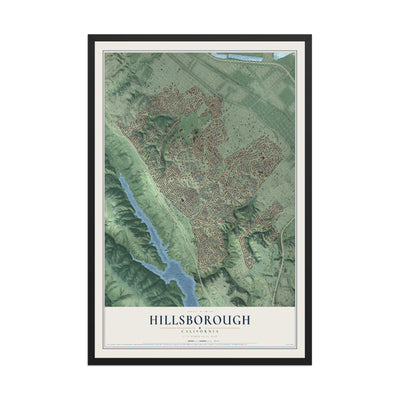 Map of Hillsborough, California, 12 x 18 inch print in a black wood frame