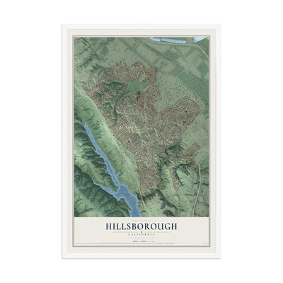 Map of Hillsborough, California, 12 x 18 inch print in a white wood frame