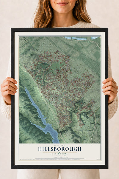 Map of Hillsborough, California, 18 x 24 inch print in a black wood frame