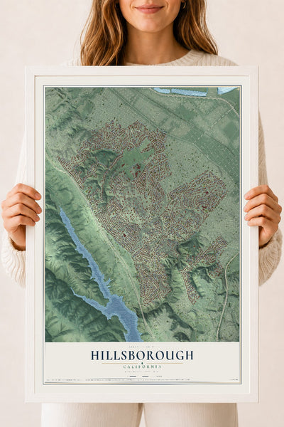 Map of Hillsborough, California, 18 x 24 inch print in a white wood frame