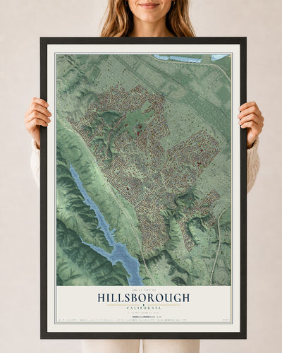 Map of Hillsborough, California, 24 x 36 inch print in a black wood frame