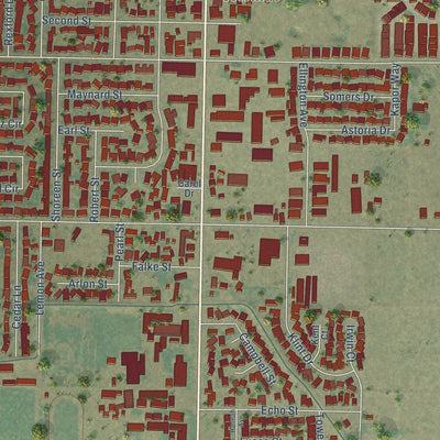 Close-up of the map of Hilmar-Irwin, California print showing street and building detail