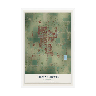 Map of Hilmar-Irwin, California, 12 x 18 inch print in a white wood frame