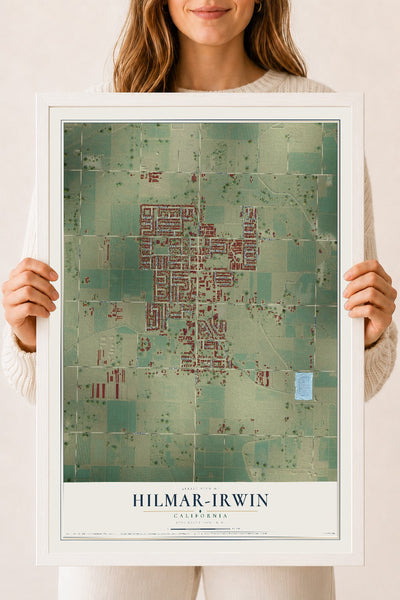 Map of Hilmar-Irwin, California, 18 x 24 inch print in a white wood frame