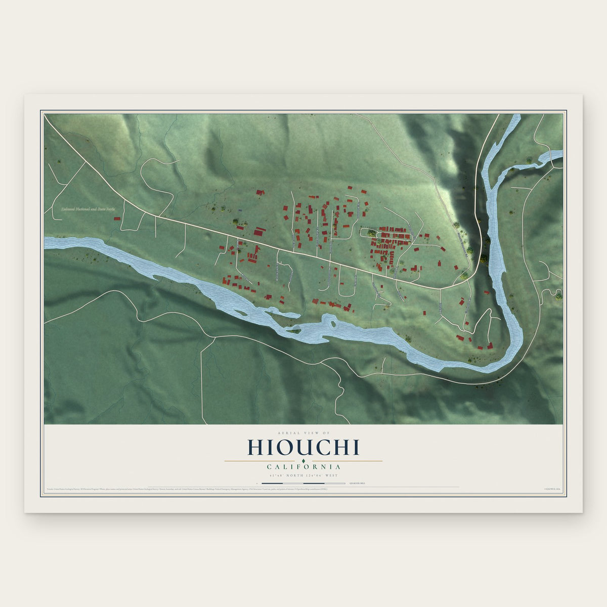 Hiouchi, California map print, the full design