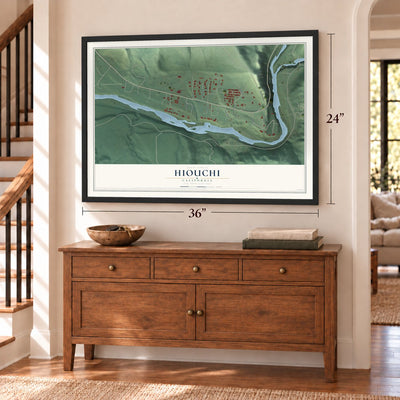 Hiouchi, California map, 24 x 36 inch print in a black frame above a dresser by a staircase