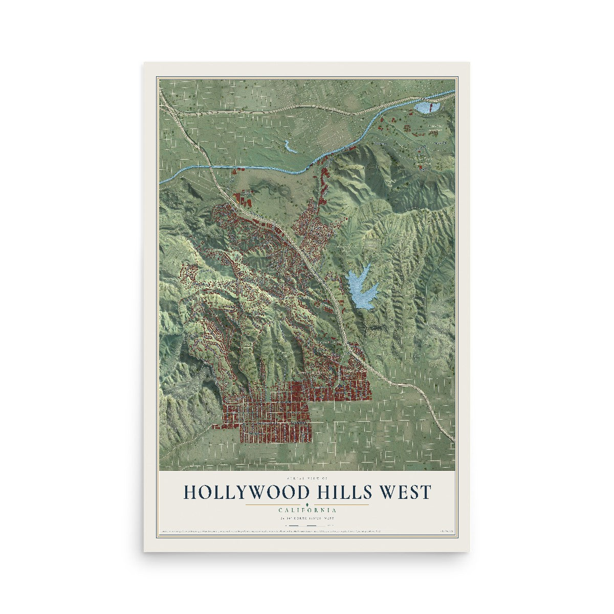 Map of Hollywood Hills West, California, 12 x 18 inch unframed archival matte print