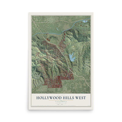 Map of Hollywood Hills West, California, 12 x 18 inch unframed archival matte print